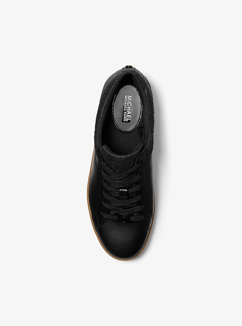 Keaton Leather and Glitter Logo Embossed Sneaker in BLACK | Michael Kors