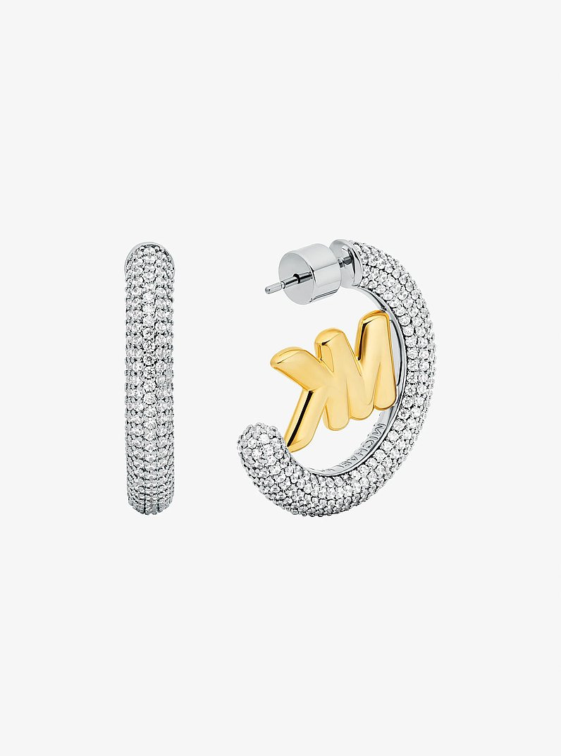 Large Pav&eacute; Logo Charm Two-Tone Hoop Earrings in TWO TONE | Michael Kors