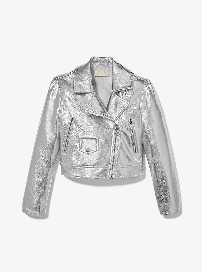 Metallic Faux Leather Moto Jacket in PALE GREY | Michael Kors