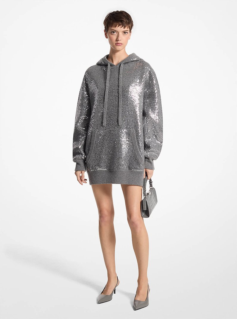Sequined Cashmere Blend Hoodie in BANKER GREY | Michael Kors