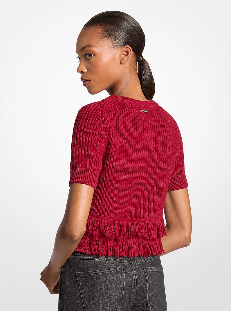 Fringed Knit Short-Sleeve Sweater in GRANATE | Michael Kors