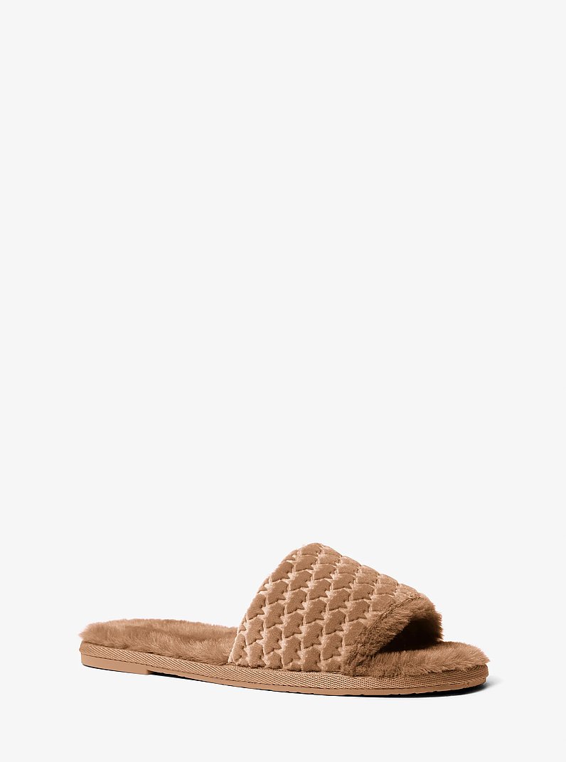 Alexis Logo Debossed Velvet Slide Sandal in CAMEL | Michael Kors