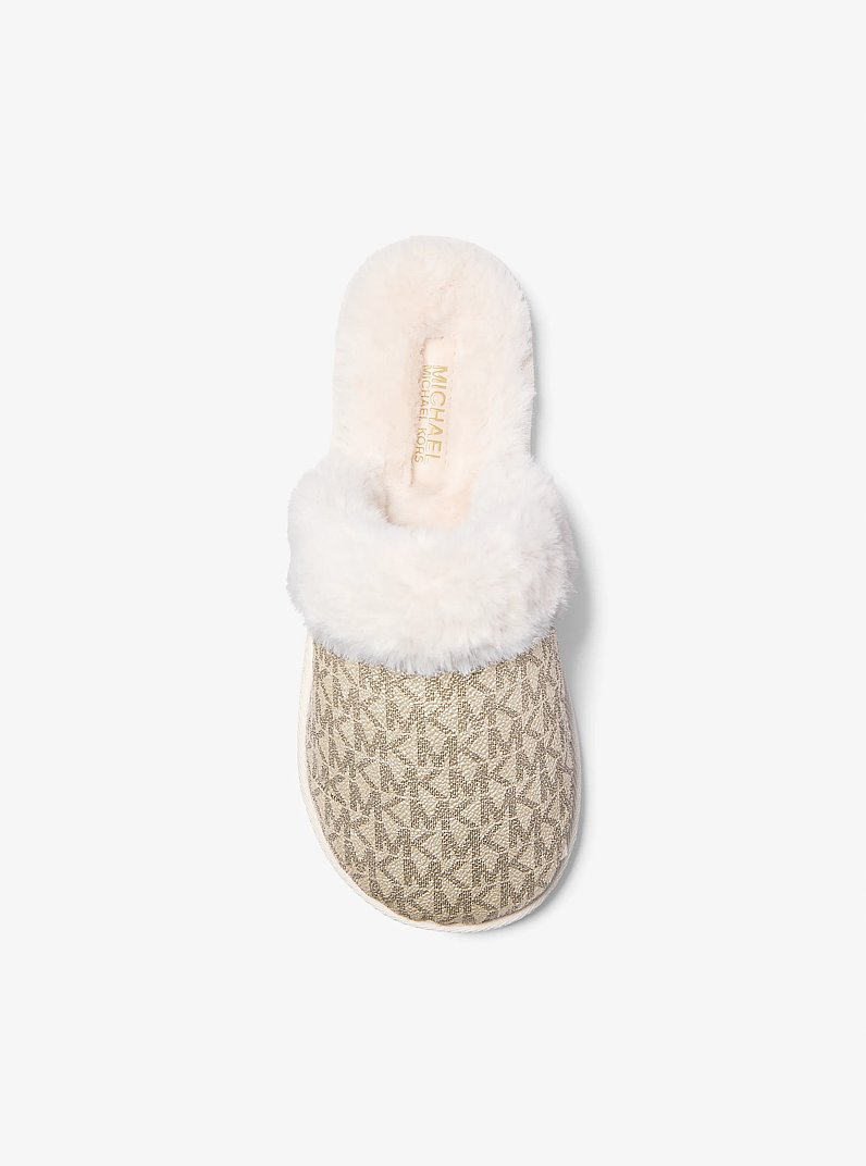 Liddy Metallic Signature Logo and Faux Fur Slipper in PALE GOLD | Michael Kors