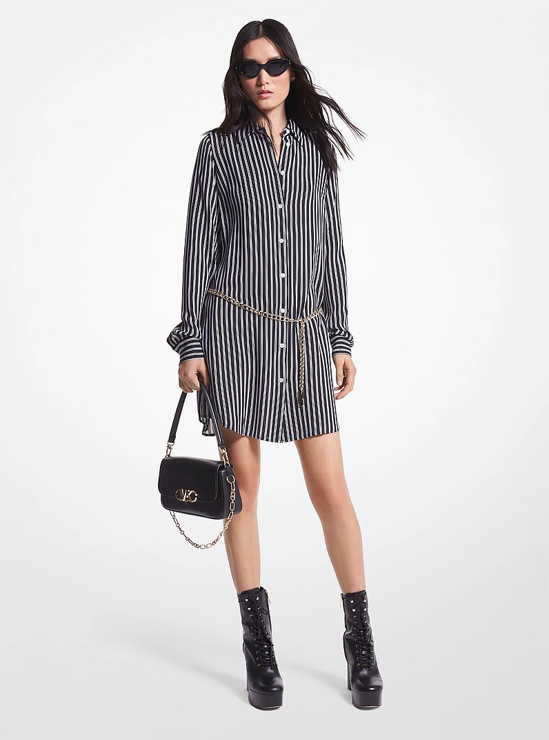 Gestreiftes Hemdkleid aus Georgette mit G&uuml;rtel in SCHWARZ | Michael Kors