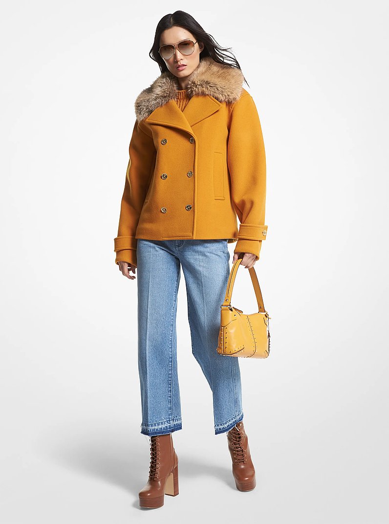 Faux Fur Trim Wool Blend Peacoat in MARIGOLD | Michael Kors