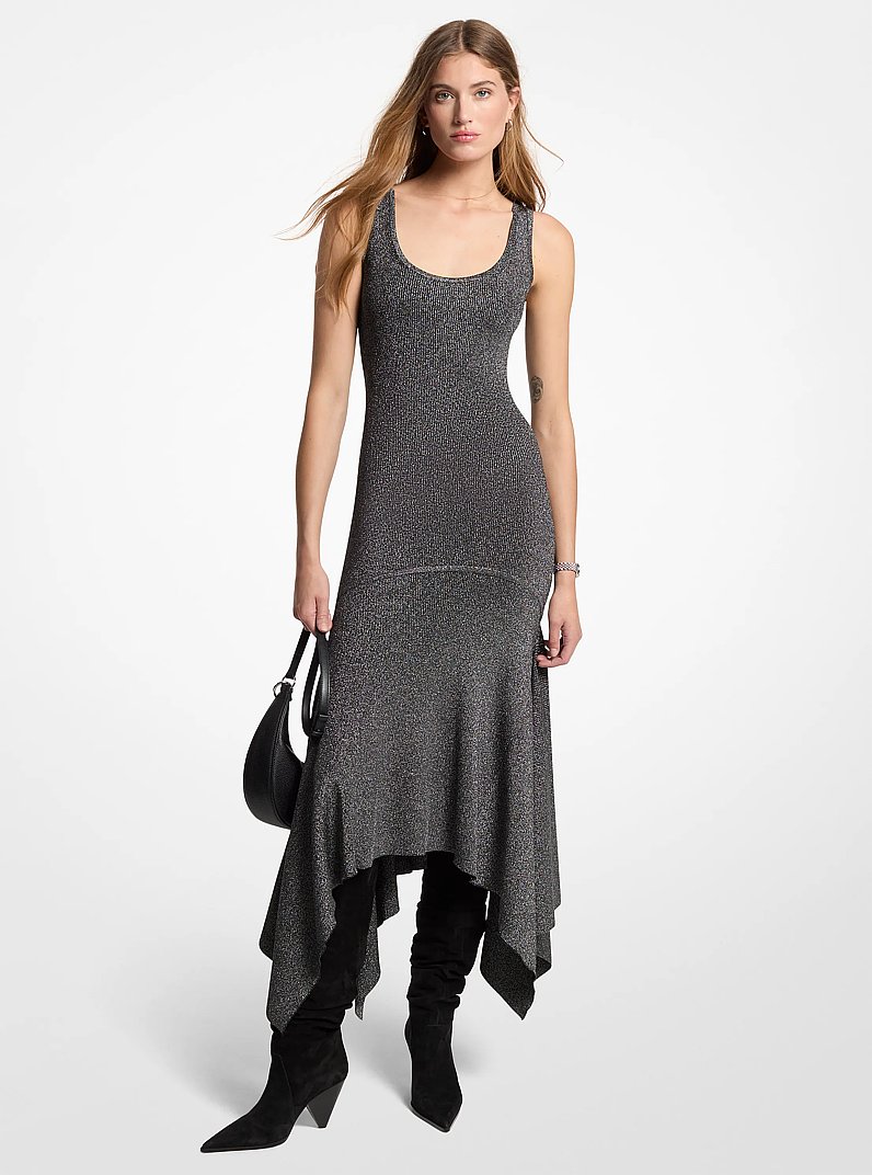 Metallic Knit Asymmetric Dress in BLACK/SILVER | Michael Kors