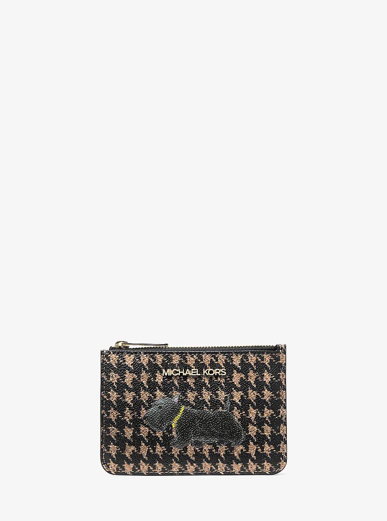 Petit porte-monnaie Jet Set Travel &agrave; motif pied-de-poule in NOIR/CAMEL | Michael Kors