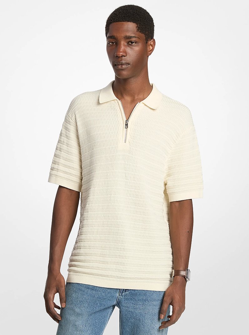 Textured Cotton Zip-Up Polo Shirt in BONE | Michael Kors