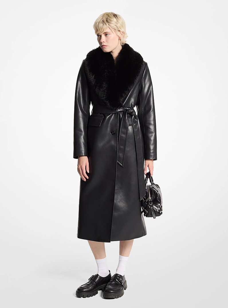 Faux Fur Trim Robe Coat in BLACK | Michael Kors