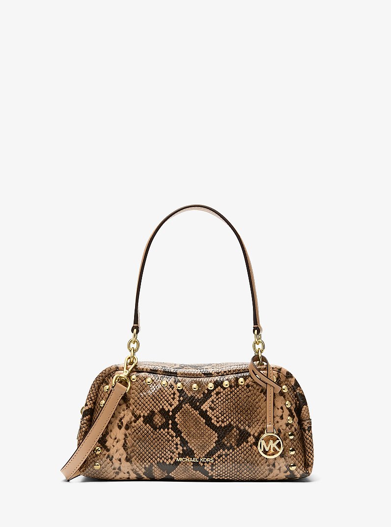 Cecily Small Studded Snake Embossed Shoulder Bag in CAMEL | Michael Kors