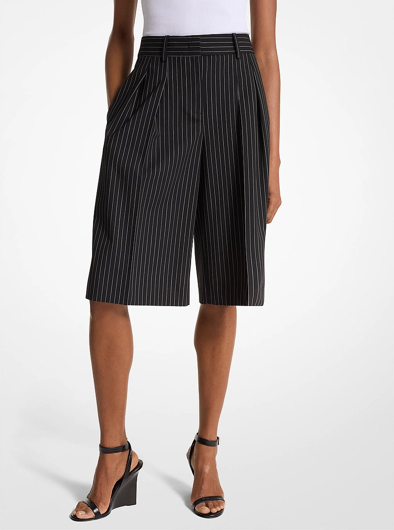 Pinstripe Stretch Wool Tailored Shorts in BLACK/WHITE | Michael Kors
