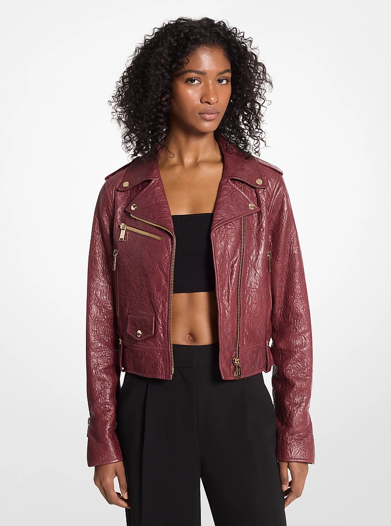 Crinkled Leather Cropped Moto Jacket in DARK BRANDY | Michael Kors