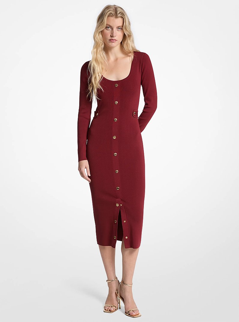 Ribbed Stretch Viscose Midi Dress in CHERRY | Michael Kors