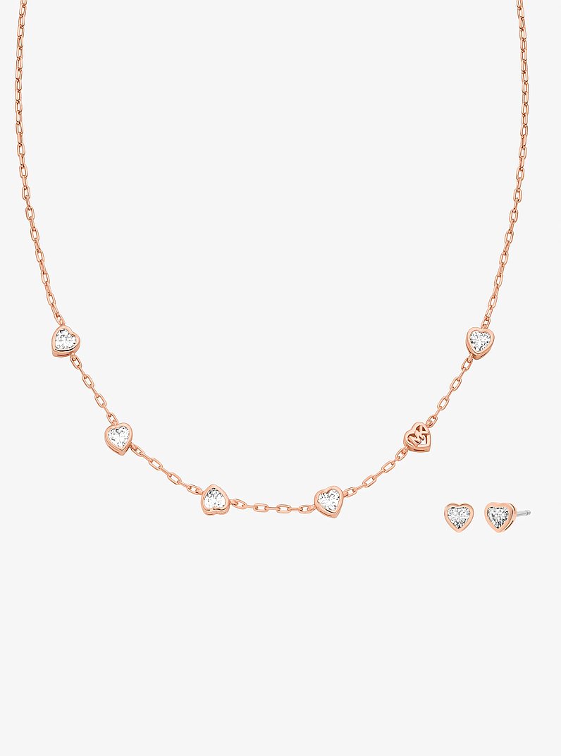 Ensemble-cadeau de collier et de clous d&rsquo;oreilles en zircon cubique en forme de c&oelig;ur in OR ROSE | Michael Kors
