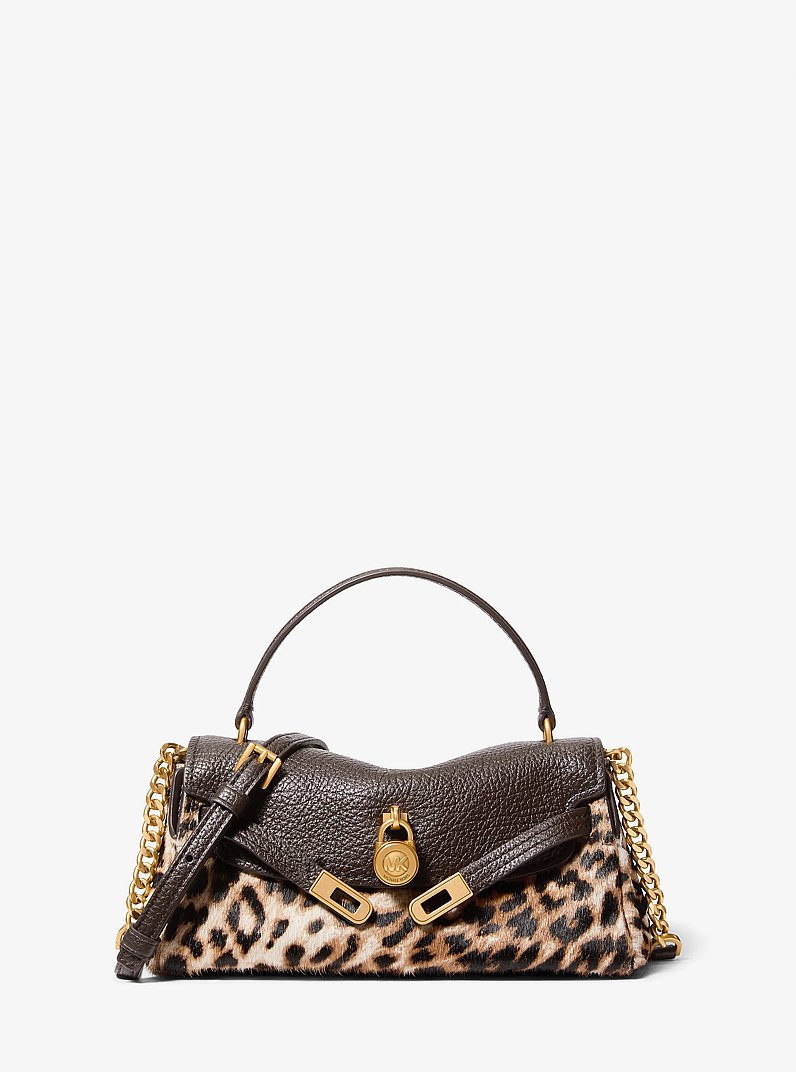 Hamilton Moderne Extra-Small Leather and Leopard Print Calf Hair Slouchy Crossbody Bag in BURNT KHAKI | Michael Kors