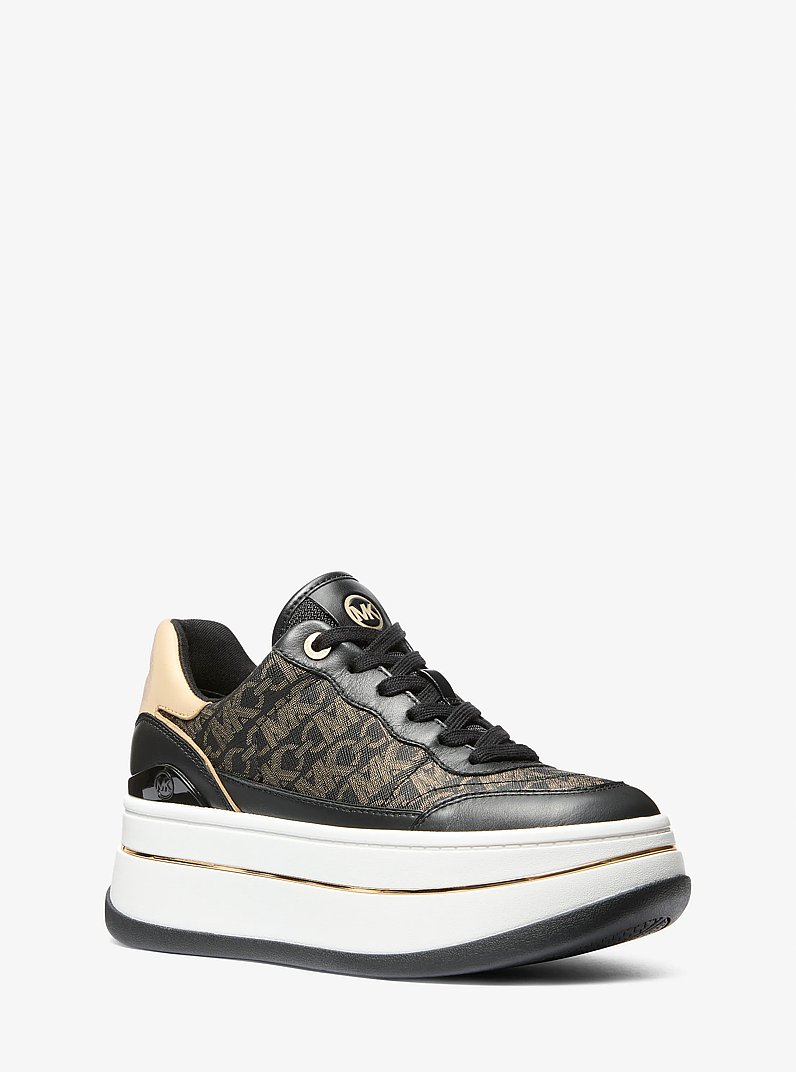 Hayes Metallic Empire Monogram and Leather Trainer in BLACK/PALE GOLD | Michael Kors