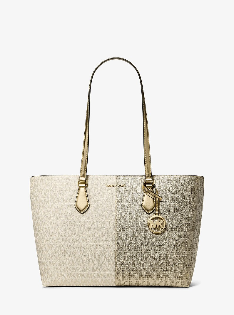 Sheila Large Metallic Two-Tone Signature Logo Tote Bag in PALE GOLD | Michael Kors