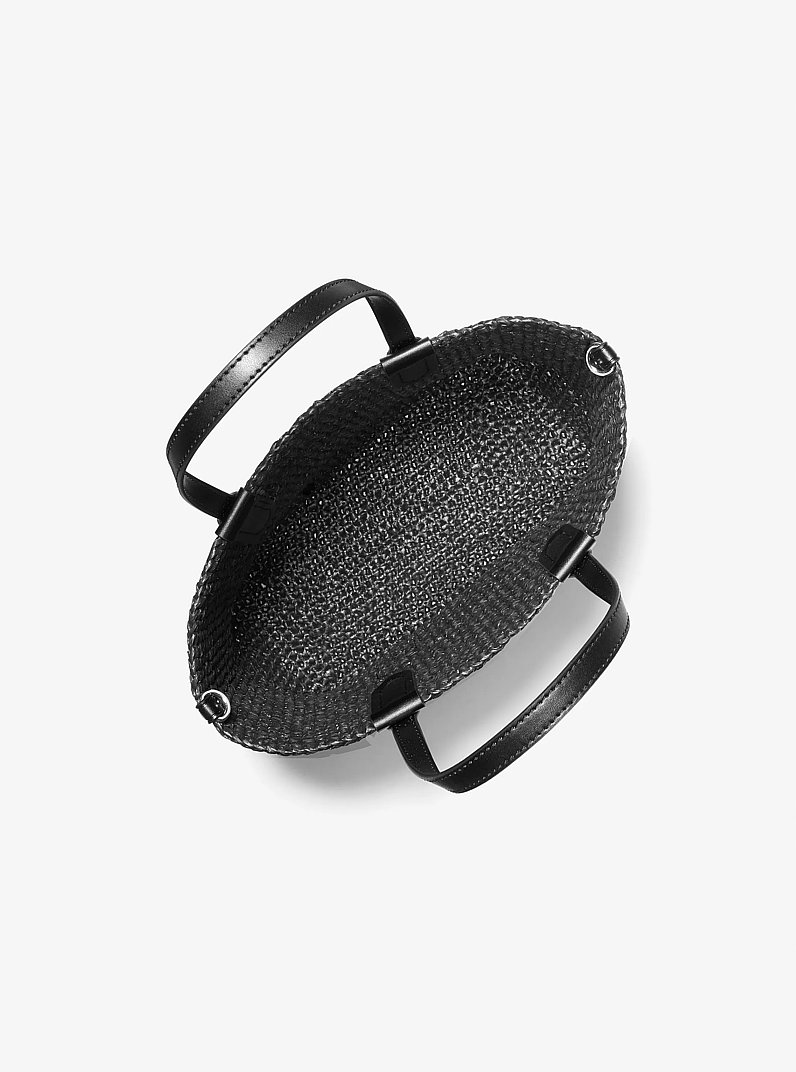 Eliza Extra-Small Empire Logo Straw Tote Bag in BLACK/BLACK | Michael Kors