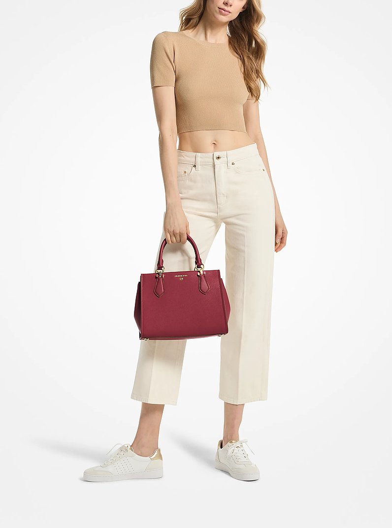 Marilyn Medium Saffiano Leather Satchel in DEEP RED | Michael Kors