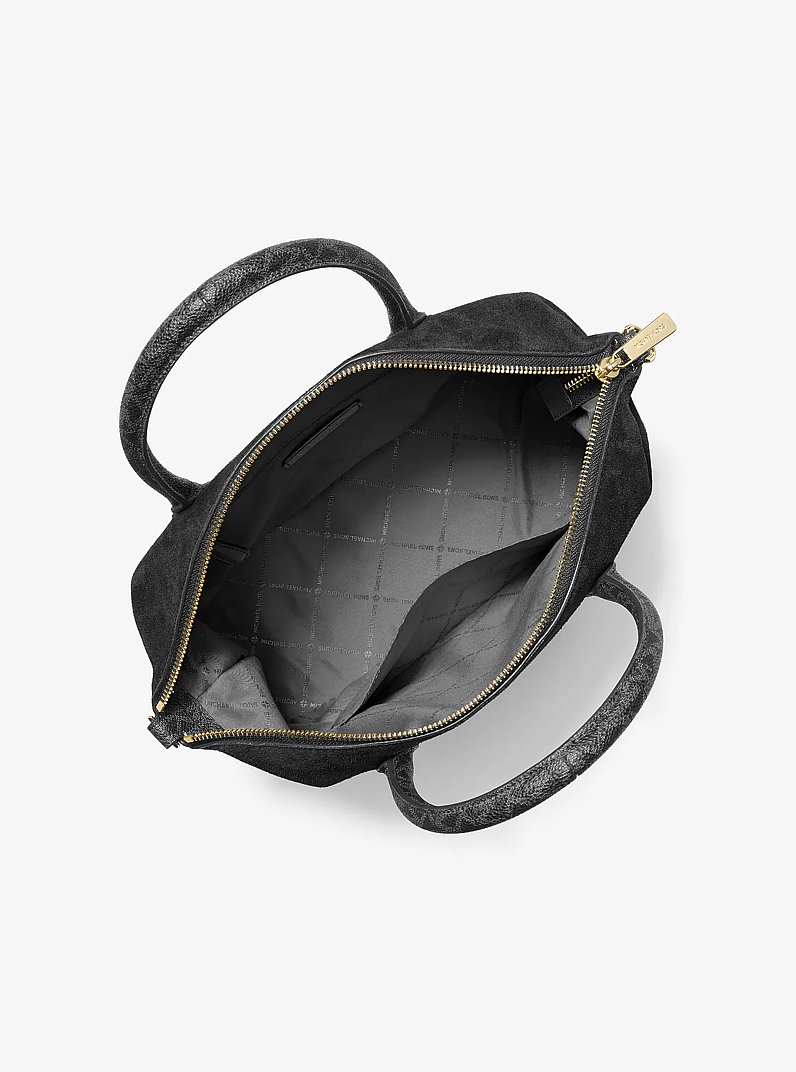 Hyde Medium Suede and Signature Logo Satchel in BLACK | Michael Kors