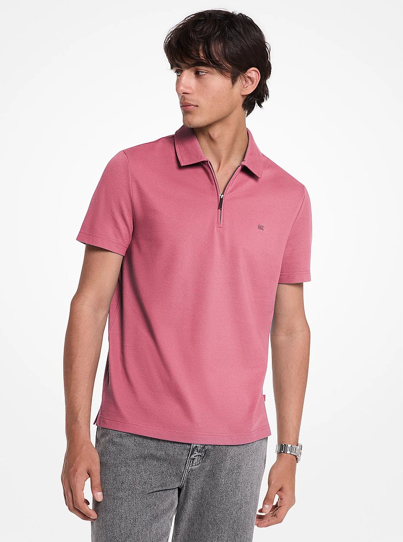 Cotton Blend Piqu&eacute; Zip-Up Polo Shirt in ROSEWOOD | Michael Kors