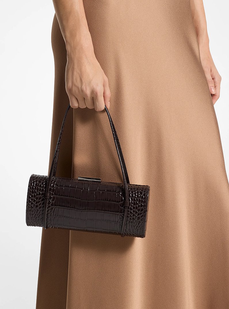 Natalie Crocodile Embossed Patent Leather Barrel Bag in CHOCOLATE | Michael Kors
