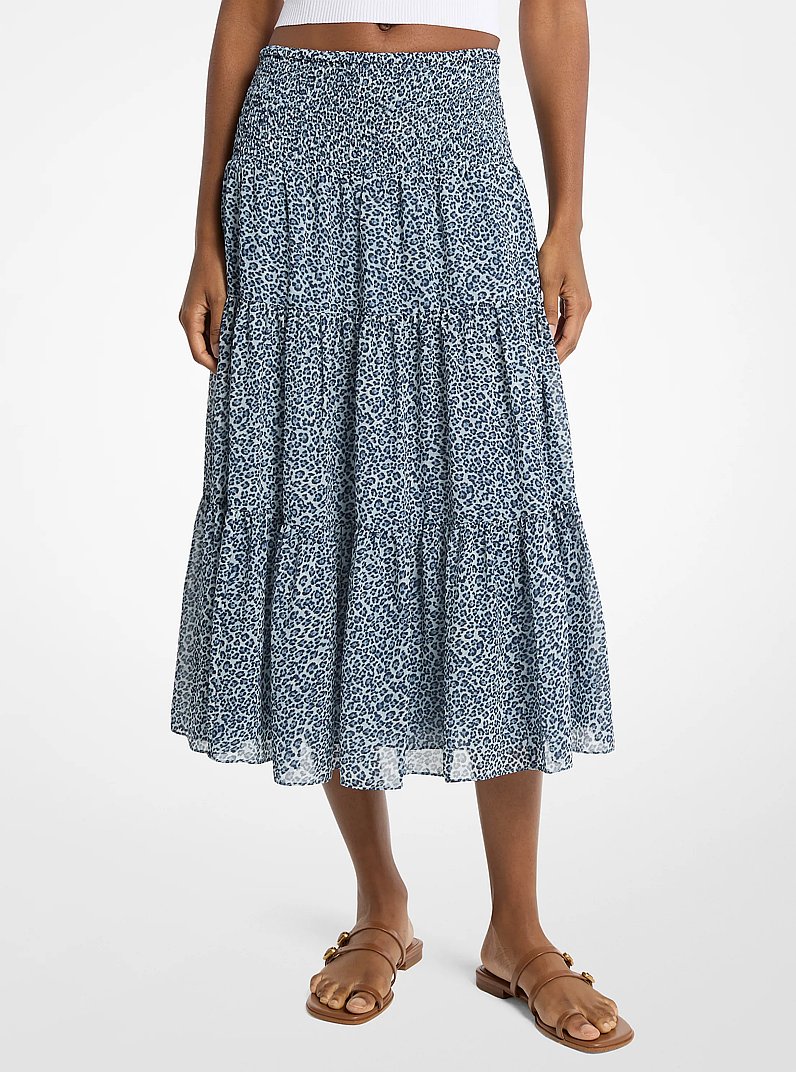 Leopard Print Georgette Tiered Midi Skirt in DK CHAMBRAY | Michael Kors