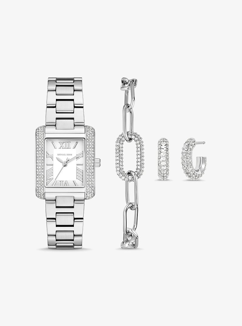 Petite Emery Pav&eacute; Silver-Tone Watch and Jewelry Gift Set in SILVER | Michael Kors