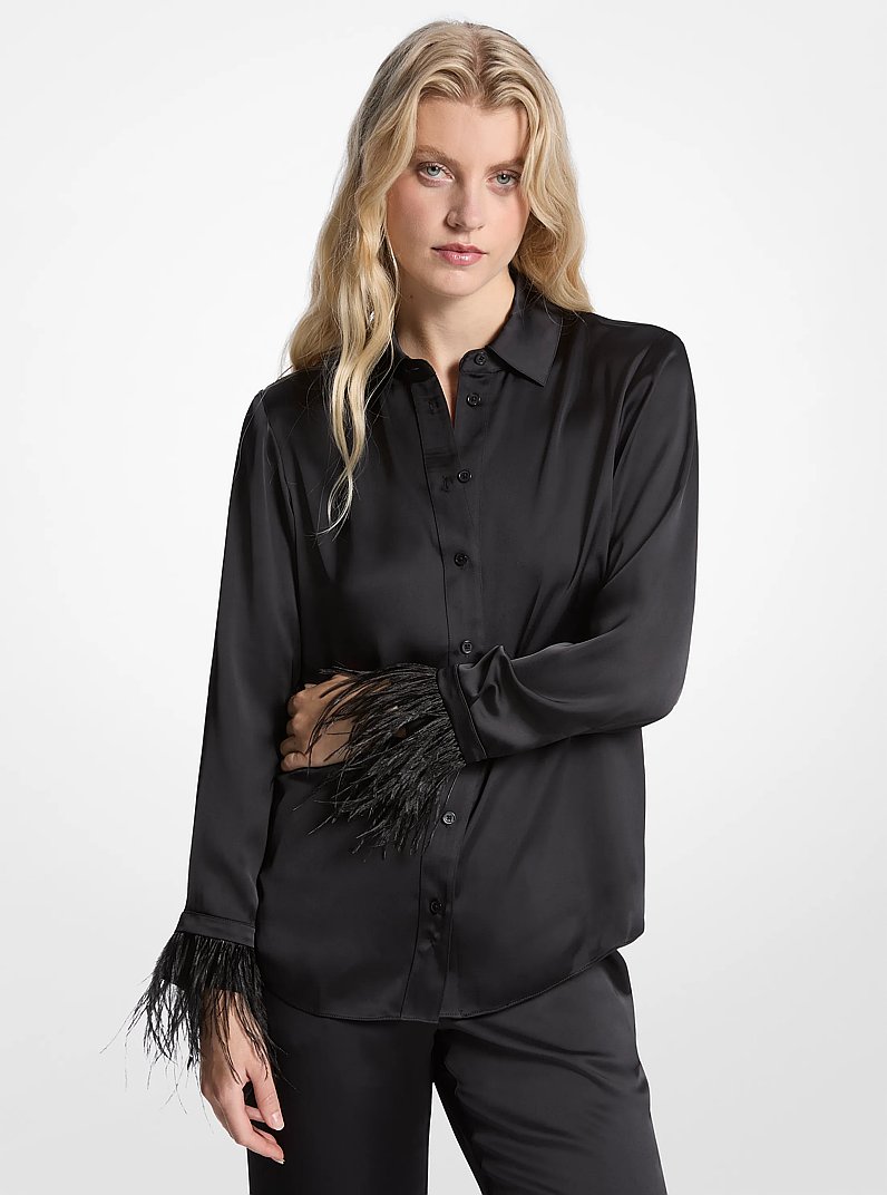 Feather Trim Satin Pajama Shirt in BLACK | Michael Kors