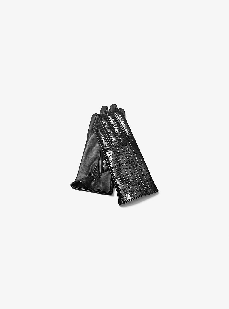 Crocodile Embossed Leather Gloves in BLACK | Michael Kors
