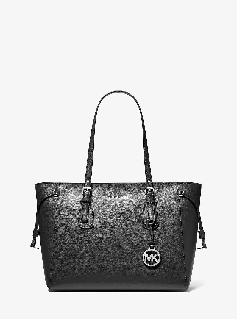 Voyager Medium Crossgrain Leather Tote Bag in BLACK | Michael Kors