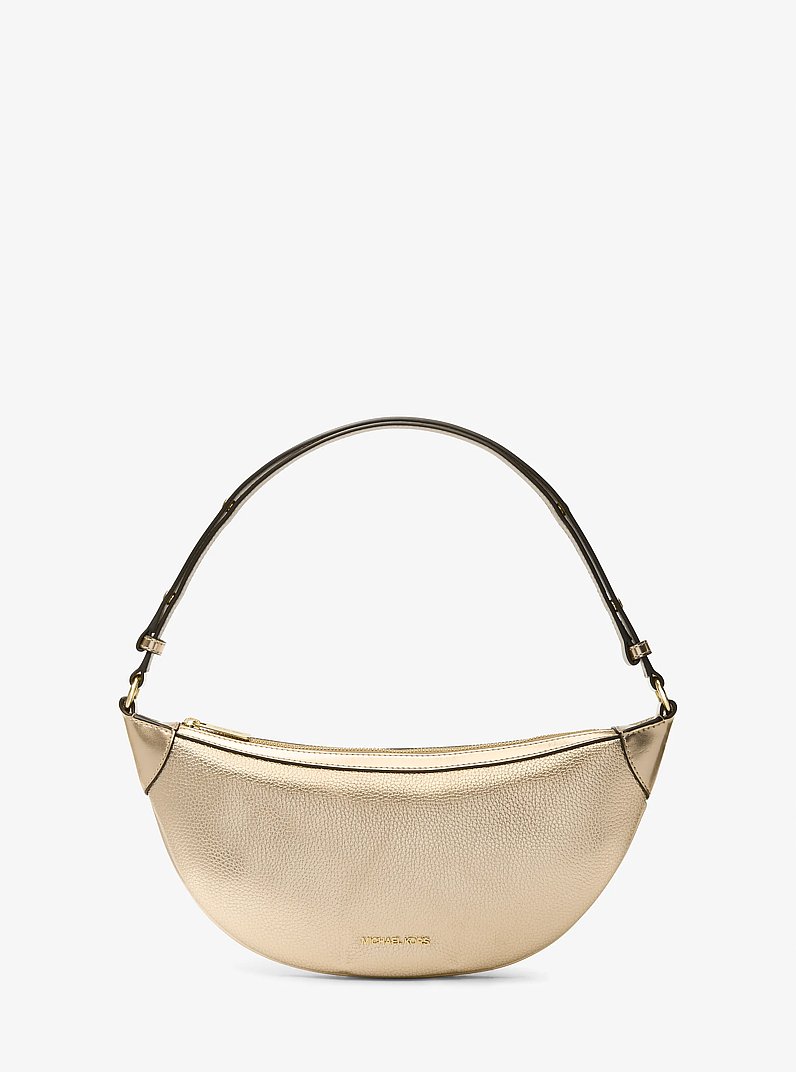 Sac &agrave; &eacute;paule Hollis 2-en-1 de taille moyenne en cuir m&eacute;tallis&eacute; et en jacquard &agrave; logo in OR P&Acirc;LE | Michael Kors