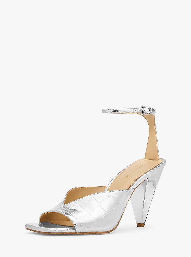 Electra Metallic Crocodile Embossed Leather Sandal in SILVER | Michael Kors