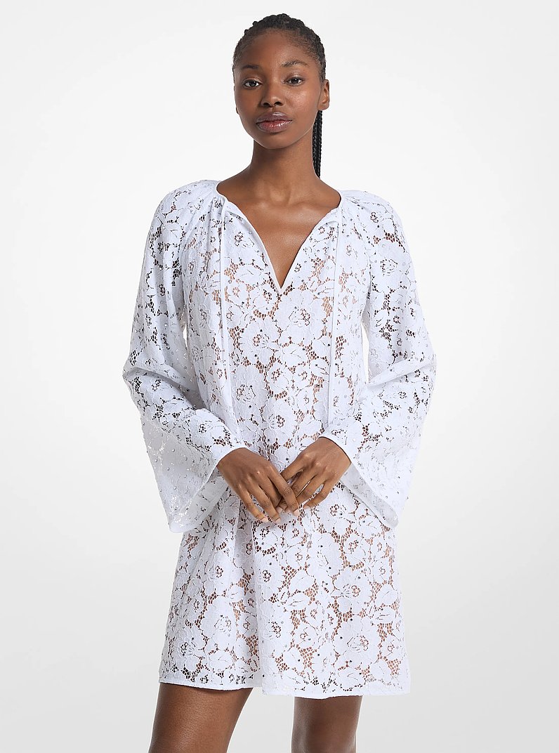 Robe en dentelle florale en point d&rsquo;Alen&ccedil;on &agrave; clous in BLANC | Michael Kors