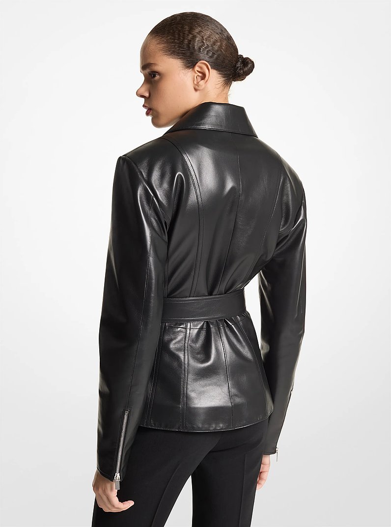 Giacca biker in pelle plong&eacute; con cintura in NERO | Michael Kors