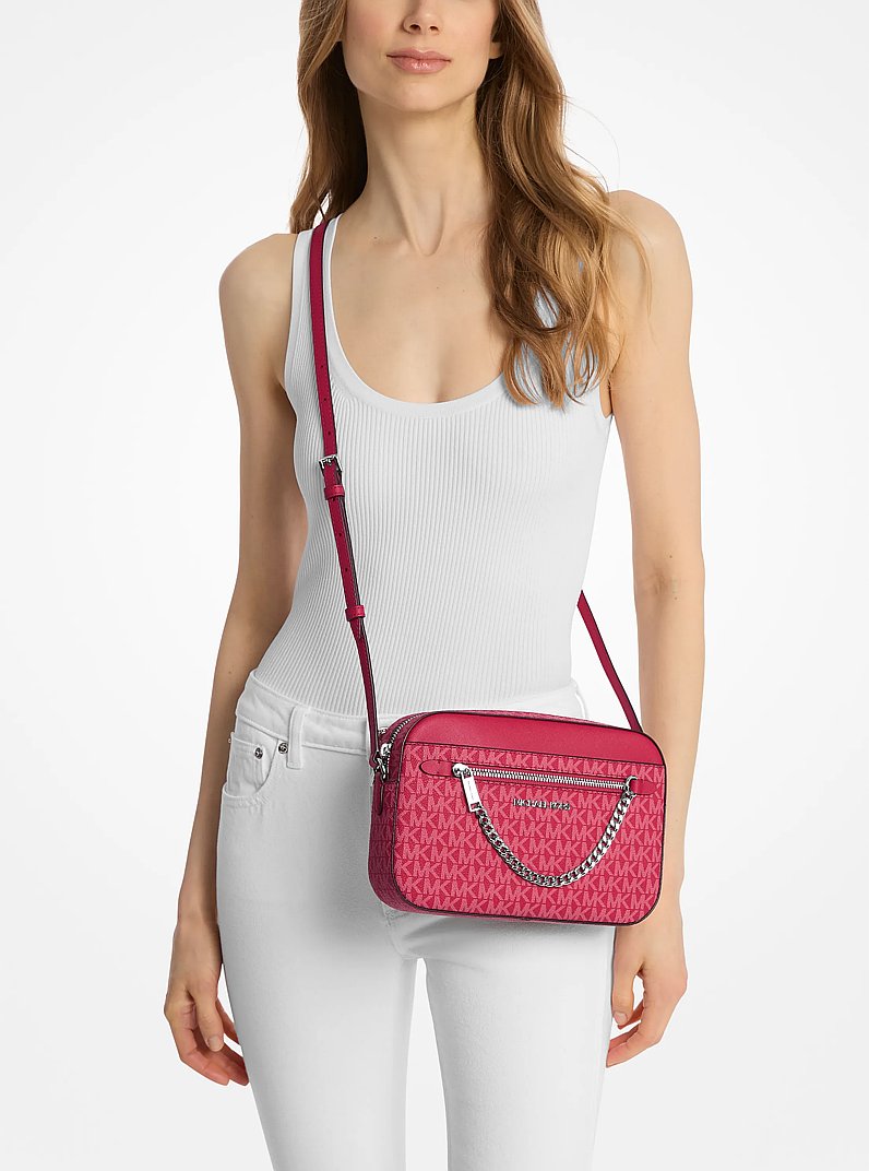 Jet Set Large Signature Logo Crossbody Bag in DK RASPBERRY | Michael Kors
