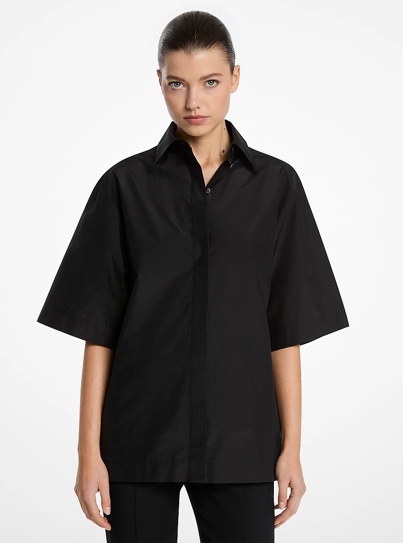 Camisa de tafet&aacute;n de algod&oacute;n y seda con cuello cubano in NEGRO | Michael Kors