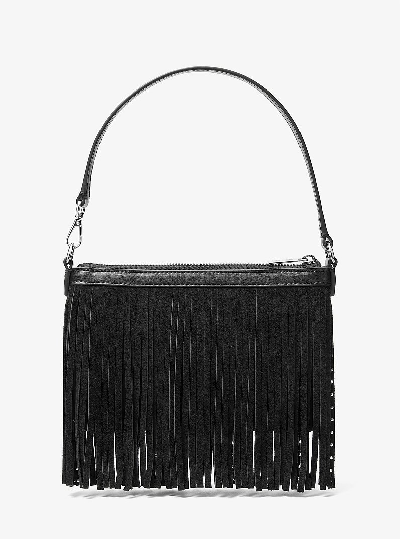 Petite pochette-bracelet Jet Set Travel en microsu&egrave;de de polyester &agrave; clous et &agrave; franges in NOIR | Michael Kors