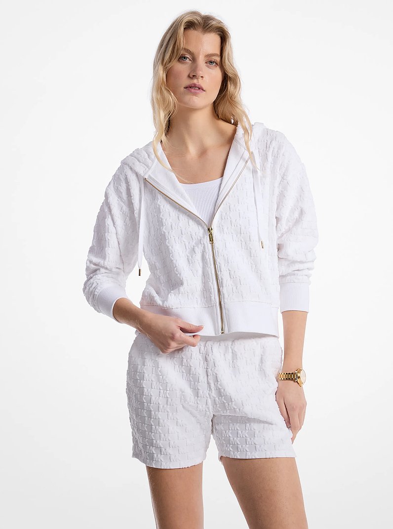 Logo Jacquard Terry Cropped Zip-Up Hoodie in WHITE | Michael Kors