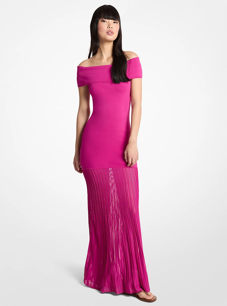 Pleated Stretch Knit Off-The-Shoulder Maxi Dress in RASPBERRY | Michael Kors