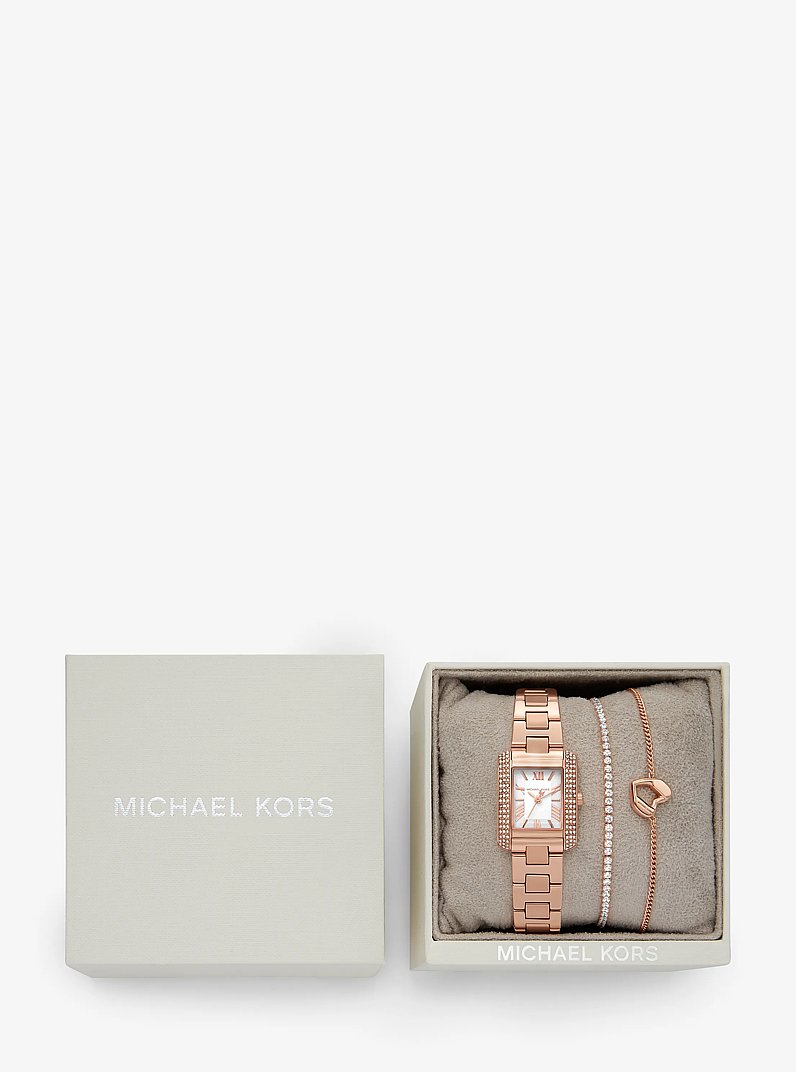 Set de pulsera y reloj Emery mini en tono dorado rosa con incrustaciones in DORADO ROSA | Michael Kors