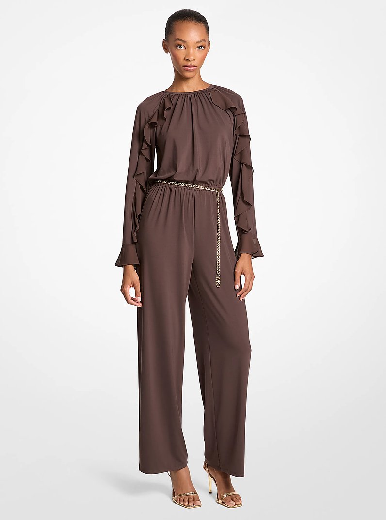 Ruffled Stretch Matte Jersey Belted Jumpsuit in CHOCOLATE | Michael Kors