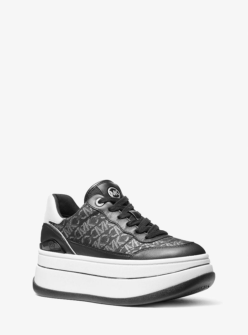 Hayes Metallic Empire Monogram and Leather Trainer in BLACK/SILVER | Michael Kors