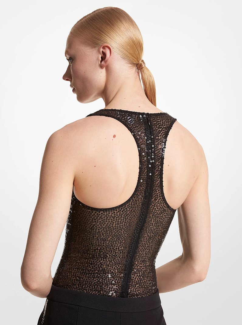 Hand-Embroidered Sequin Stretch Tulle Bodysuit in BLACK | Michael Kors