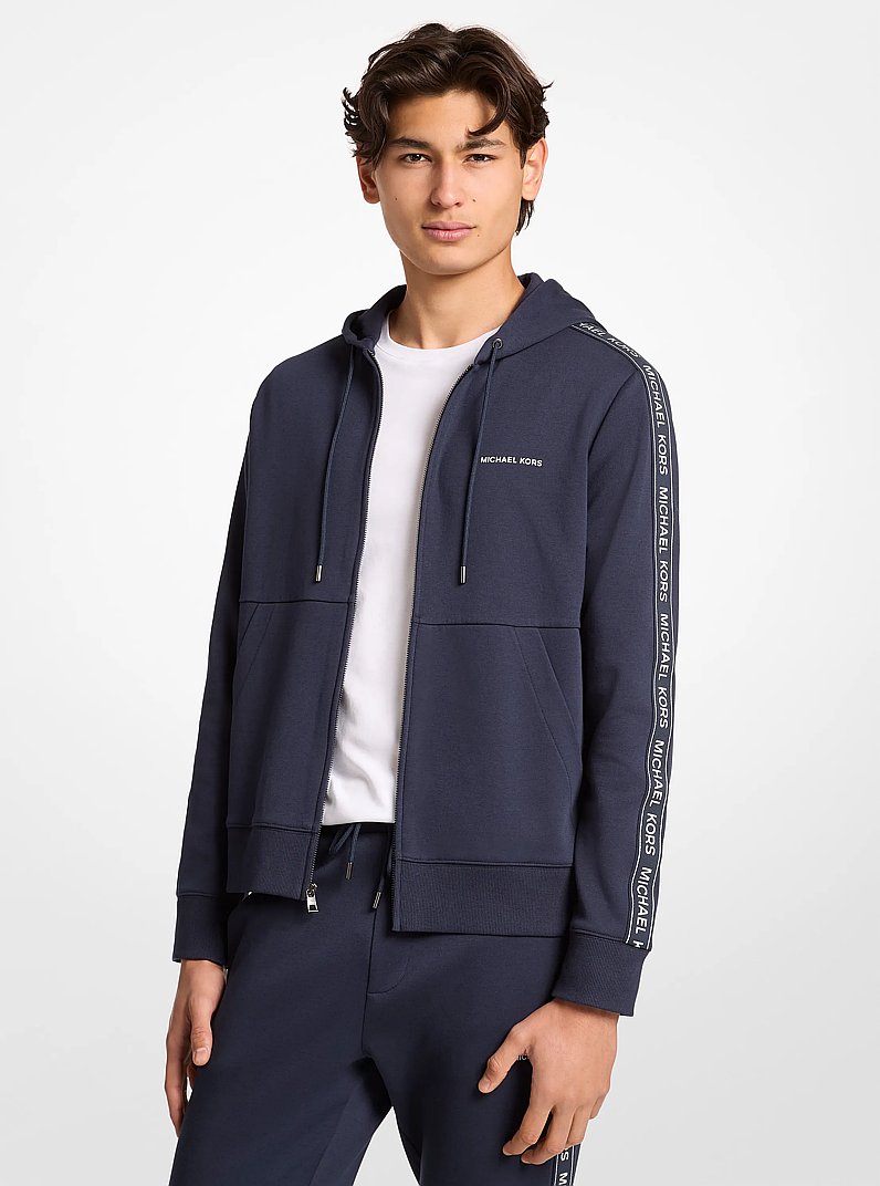 Logo Tape Cotton Blend Zip-Up Hoodie in MIDNIGHT | Michael Kors