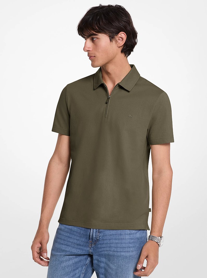 Cotton Blend Piqu&eacute; Zip-Up Polo Shirt in IVY | Michael Kors