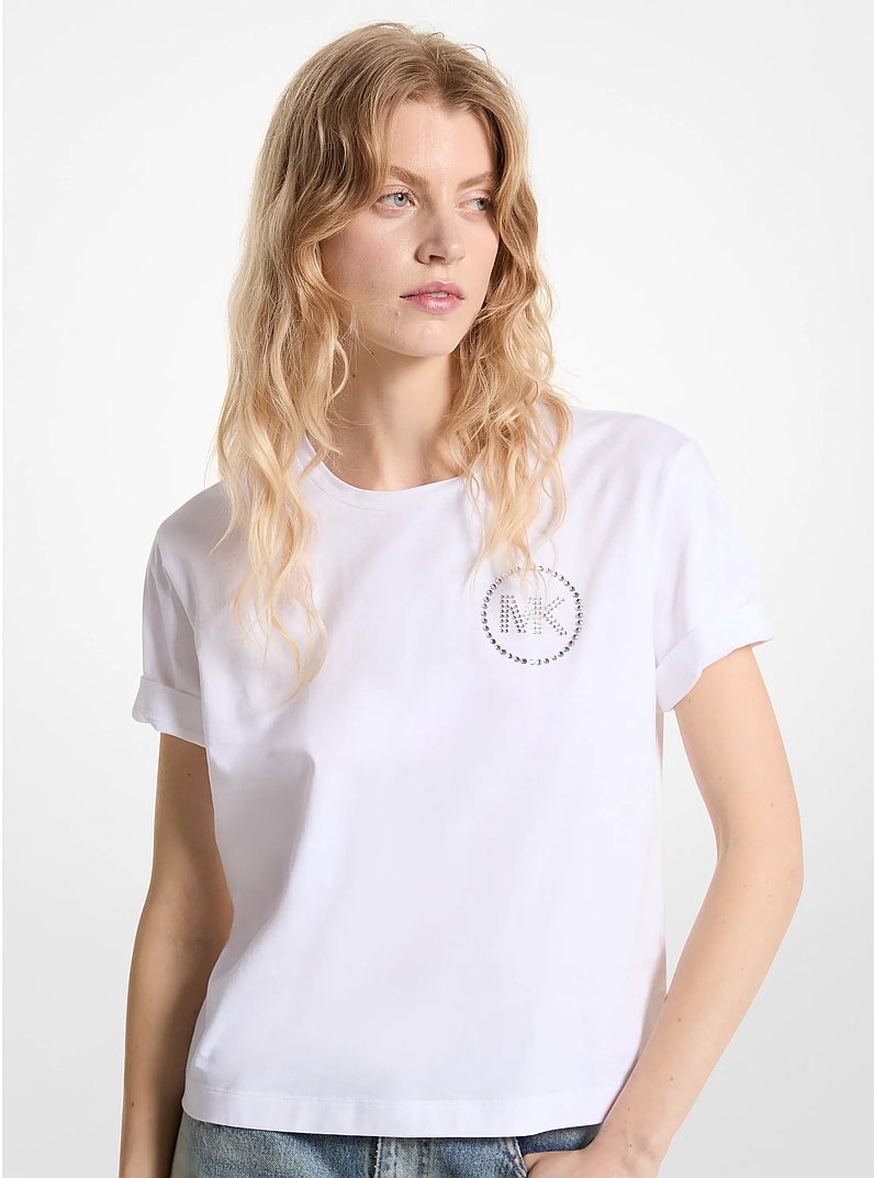 Embellished Logo Organic Cotton T-Shirt in WHITE | Michael Kors