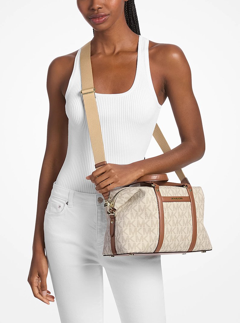 Beck Medium Signature Logo Satchel in VANILLA/LUGGAGE | Michael Kors