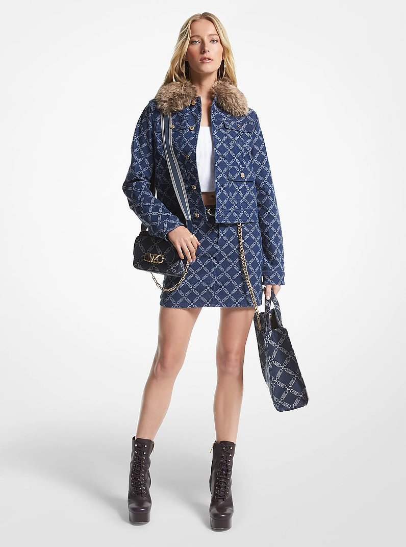 Faux Fur Trim Empire Logo Jacquard Denim Utility Jacket in RINSE | Michael Kors