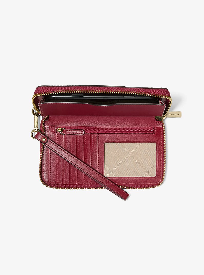 Jet Set Large Metallic Signature Logo Stripe Smartphone Wallet in CHERRY | Michael Kors
